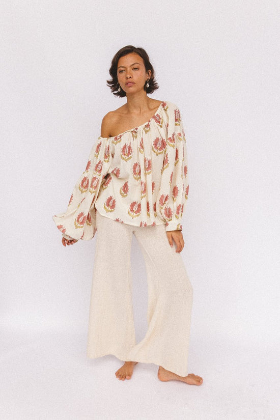Ria Blouse Strawberry Cream — upper body studio portrait, showcasing blouse neckline, strawberry cream hand block print cotton, sustainable Indian fashion | Daughters of India